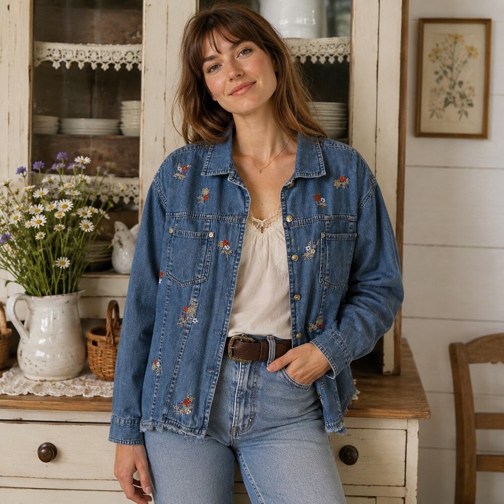 Vintage 90s Blue Denim Embroidered Floral Country Long Sleeve Button Shirt XL